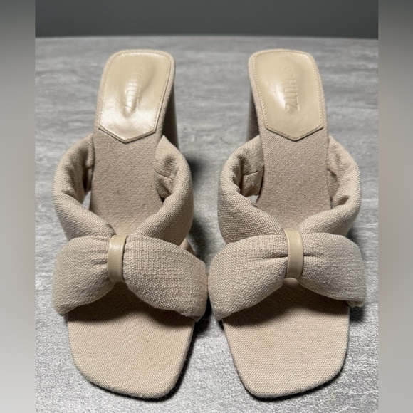 SCHUTZ Womens Linen Beige Tied Straps Fairy Open Slip On Heeled Sandal 10 B - Picture 2 of 7